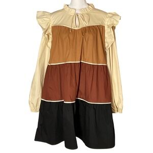 LOVELO tiered ruffle babydoll dress Boho Cottage Coquette cotton brown L NWT